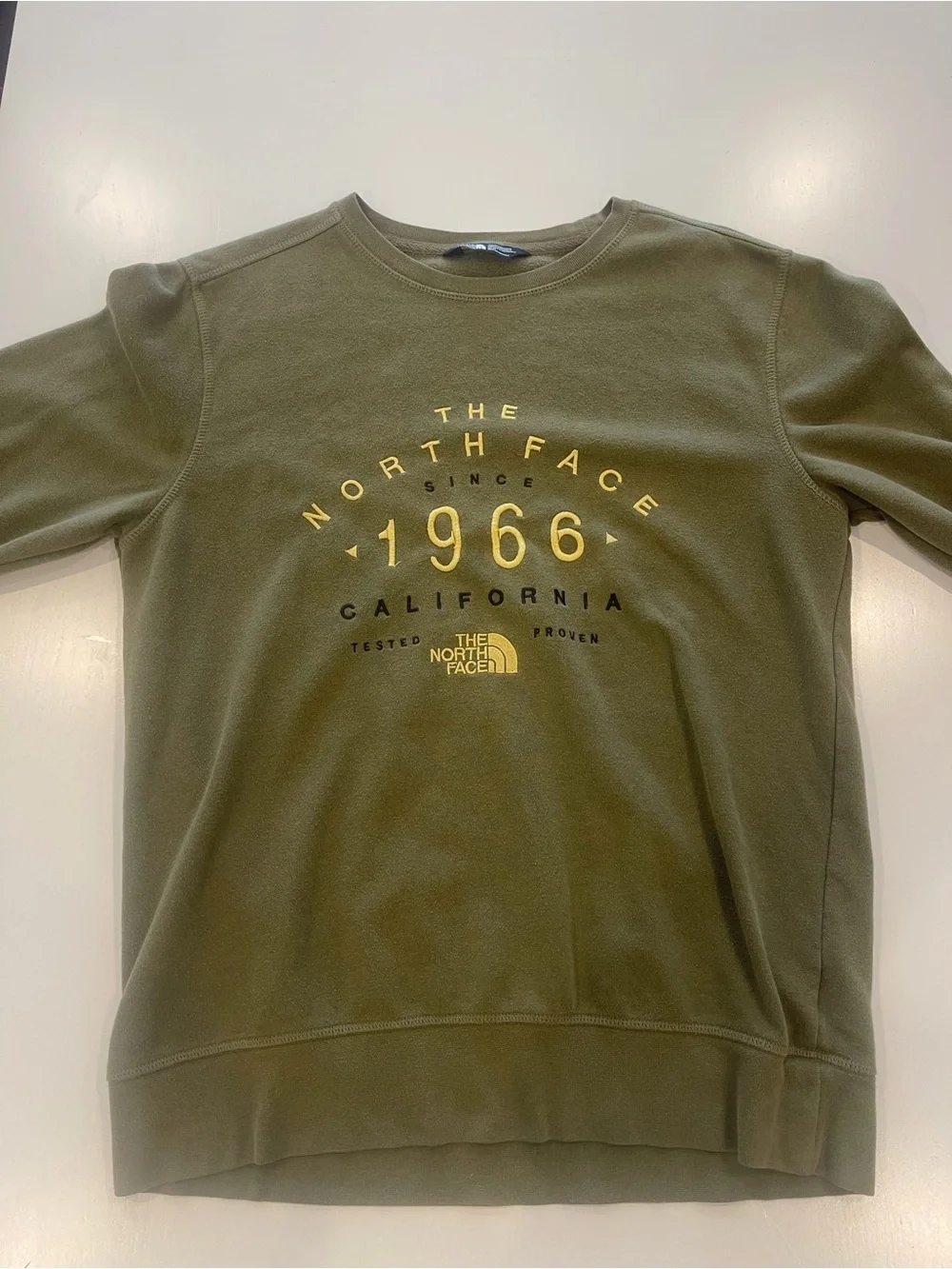 The North Face Olive Green Crewneck Sweatshirt with Yellow Logo